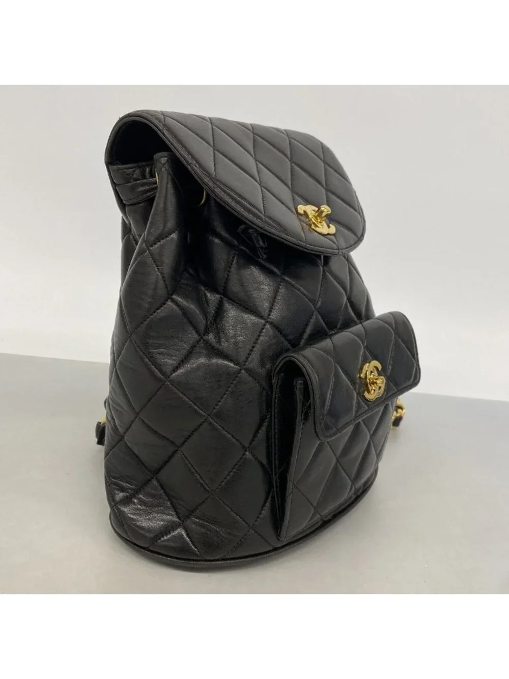 Chanel Backpack Quilted Lambskin Black Gold